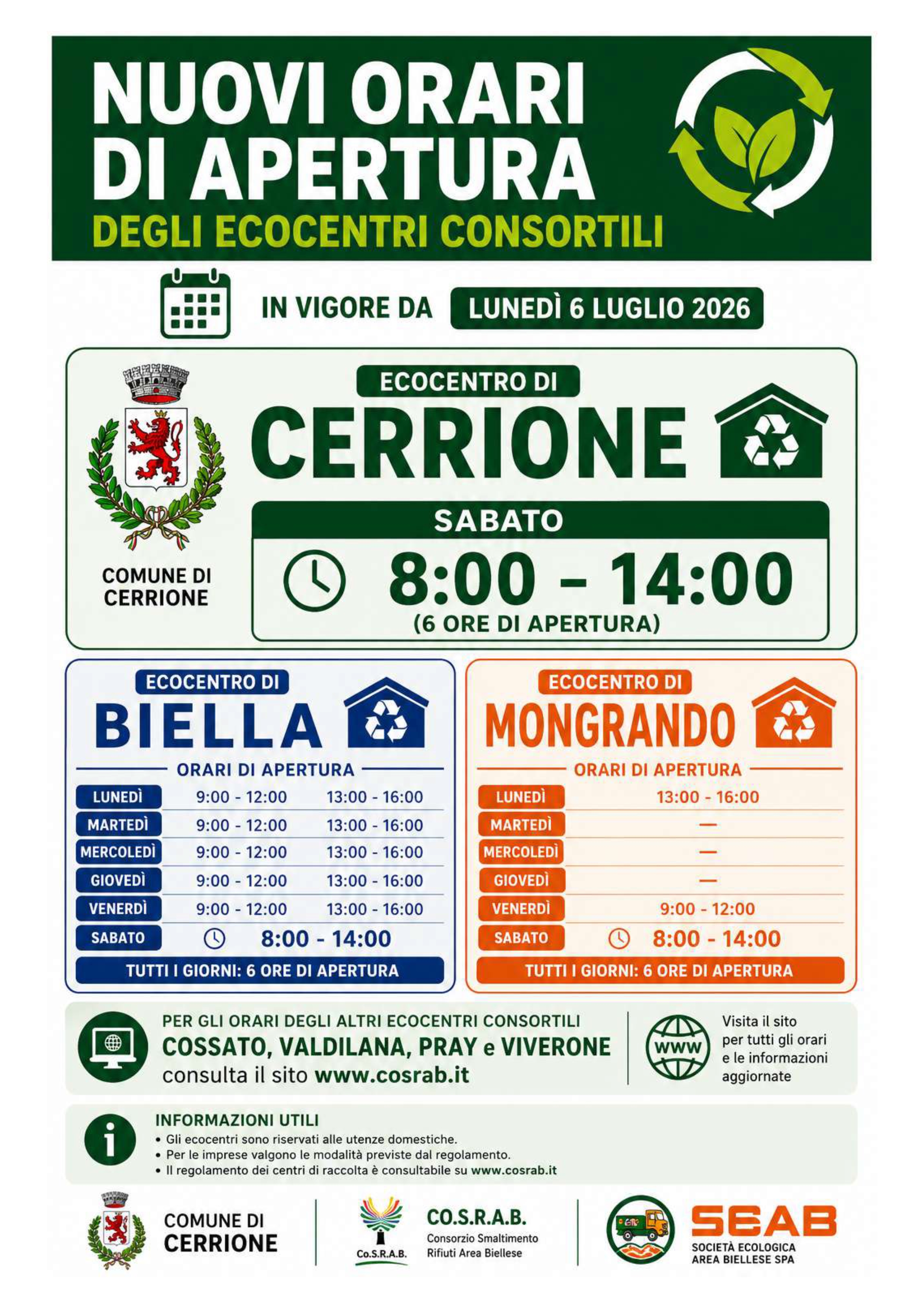 Avviso - Nuovi orari Centri di raccolta consortili